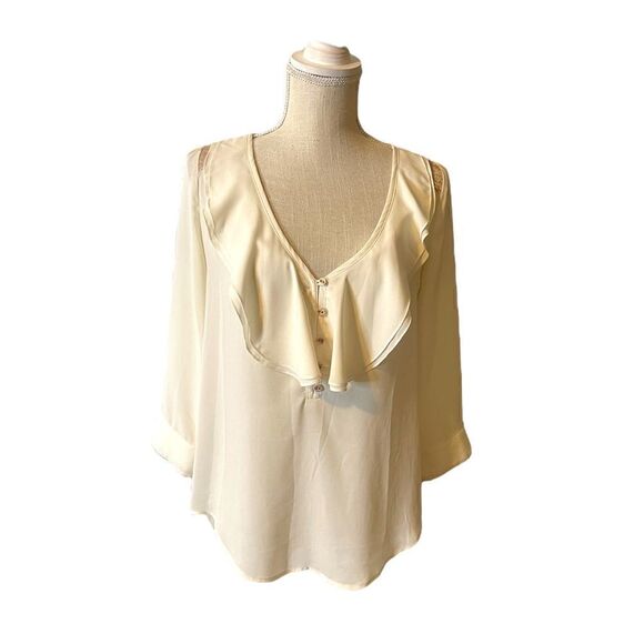 Anthropologie HD in Paris Cream Pink Sparkle Elinor Ruffle Long Sleeve Top - Picture 6 of 17